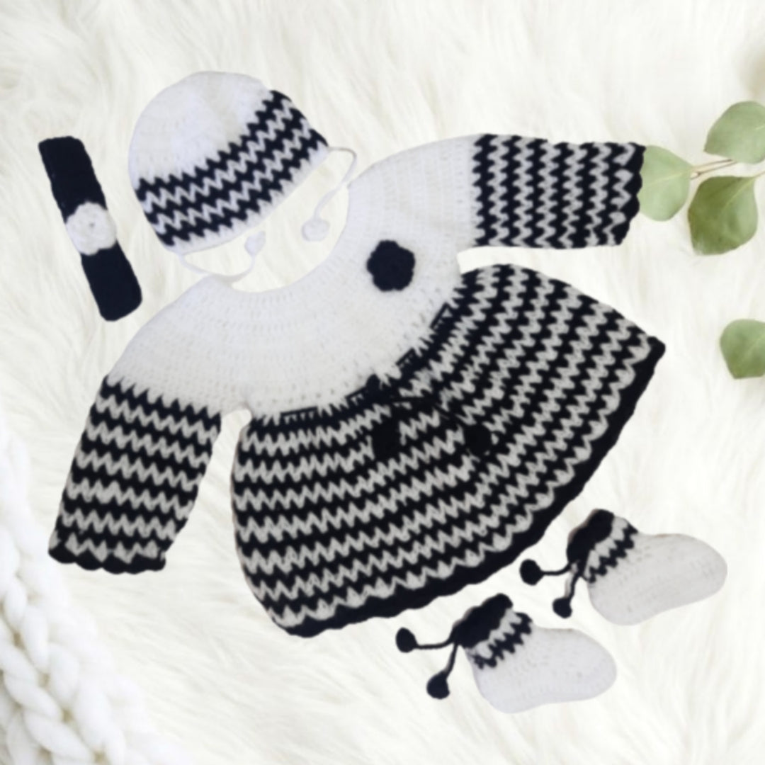Woollen Party Frock for Baby Girl with Headband , Cap and Socks - White and Black
