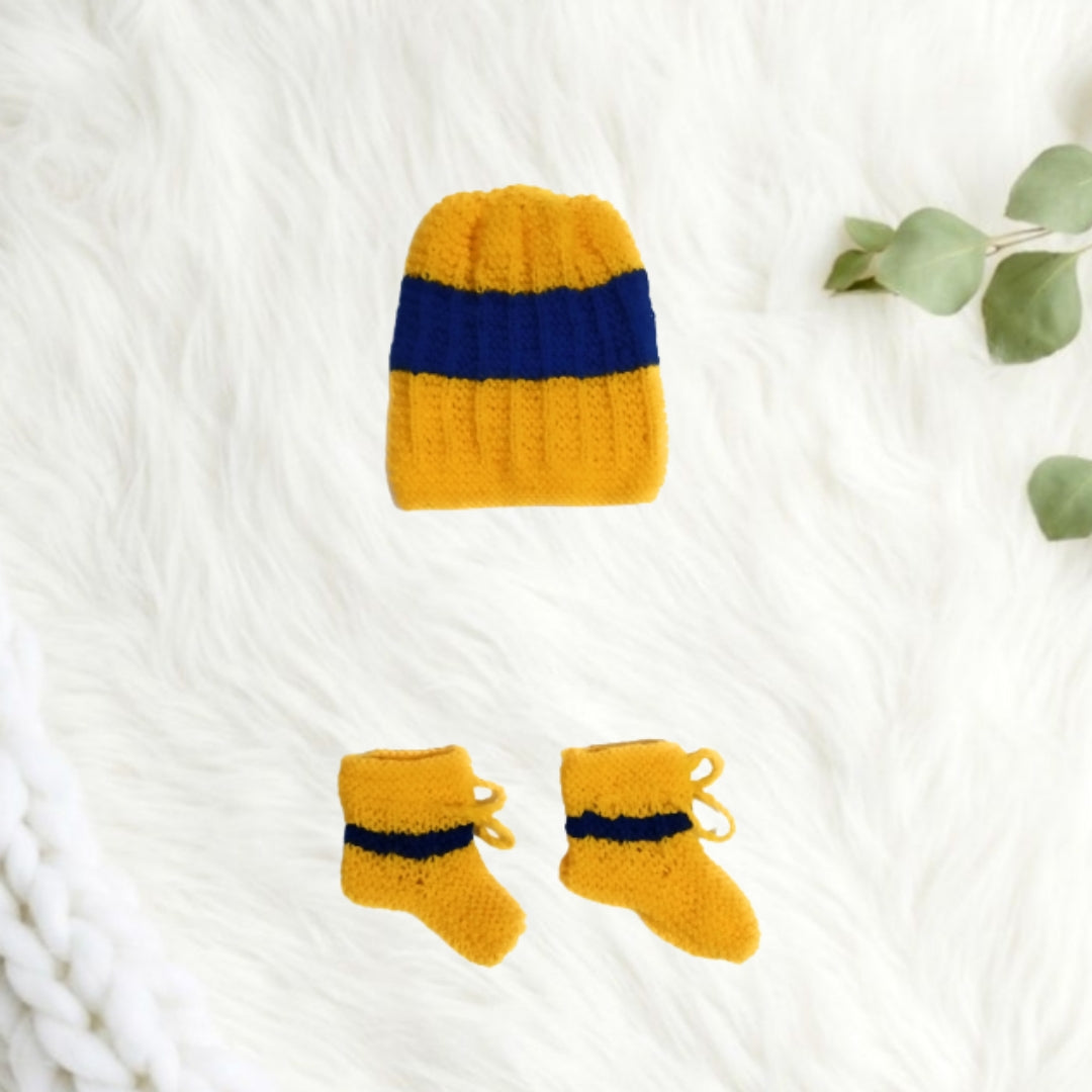 Hand knitted Striped Sweater Set with Cap and Booties - Yellow and Blue
