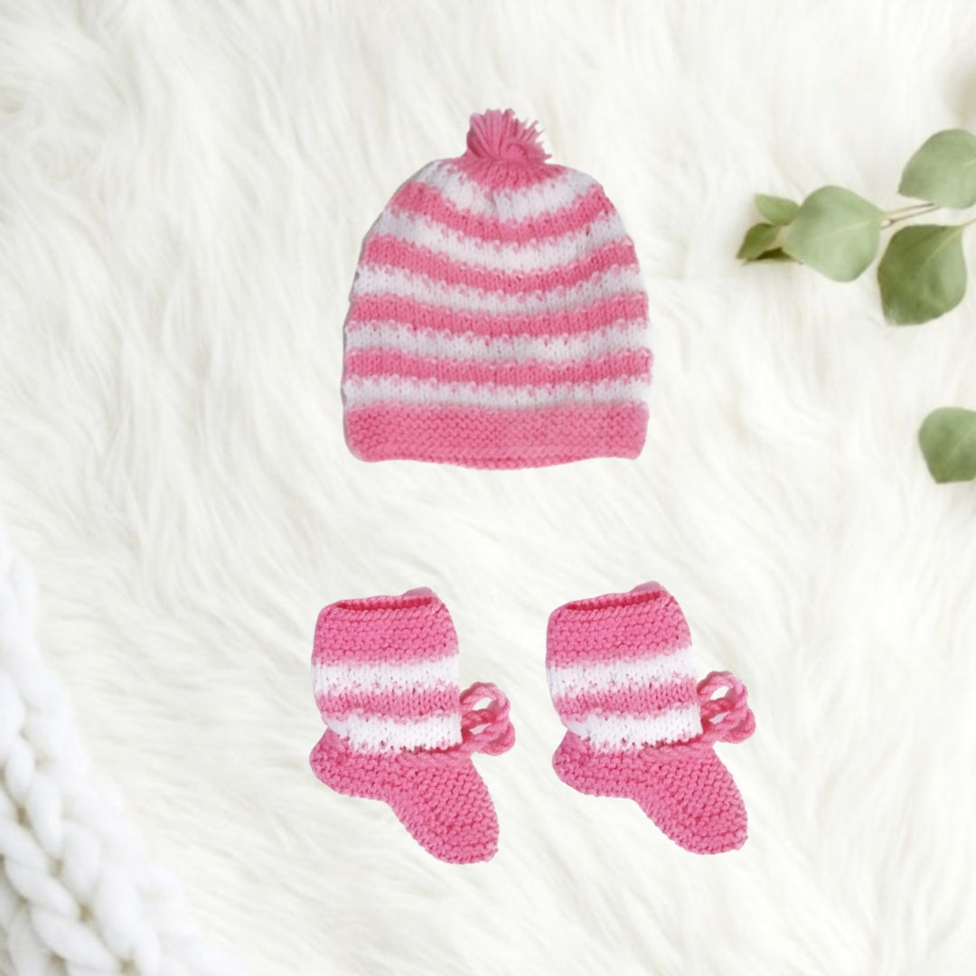 Hand Knitted Sweater Set with Cap and Booties - Baby Pink