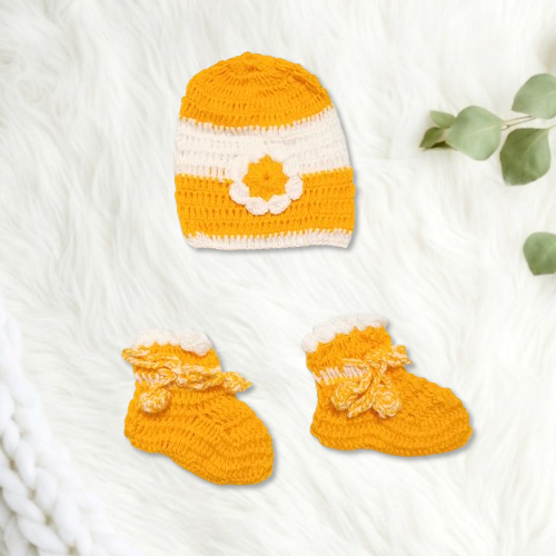 Baby Hand knitted Self Design Frock with Cap and Booties - Yellow and White