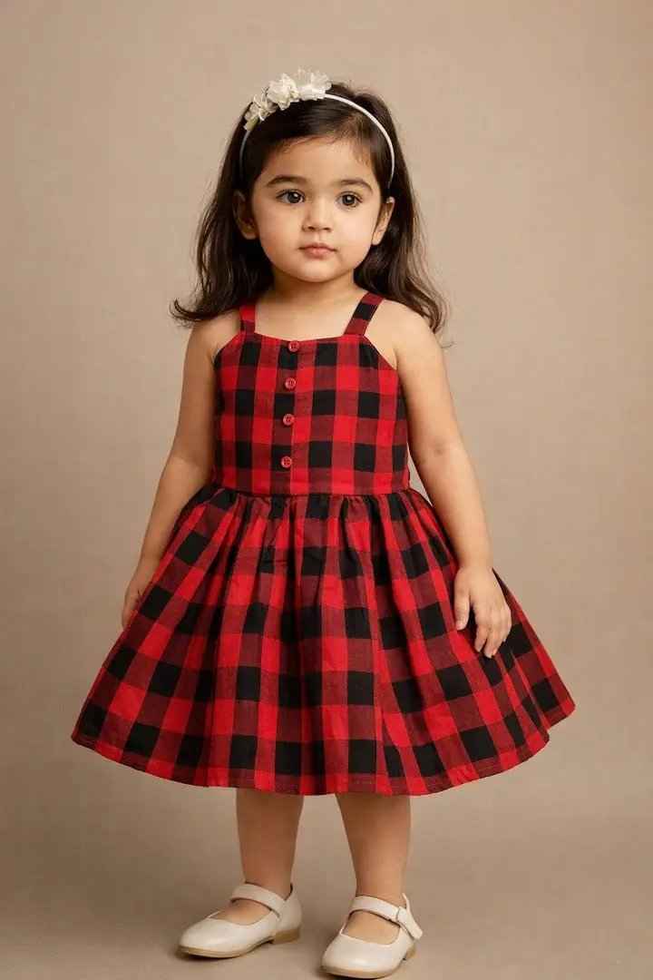 Girl's Checked Cotton Frock - Red & Black