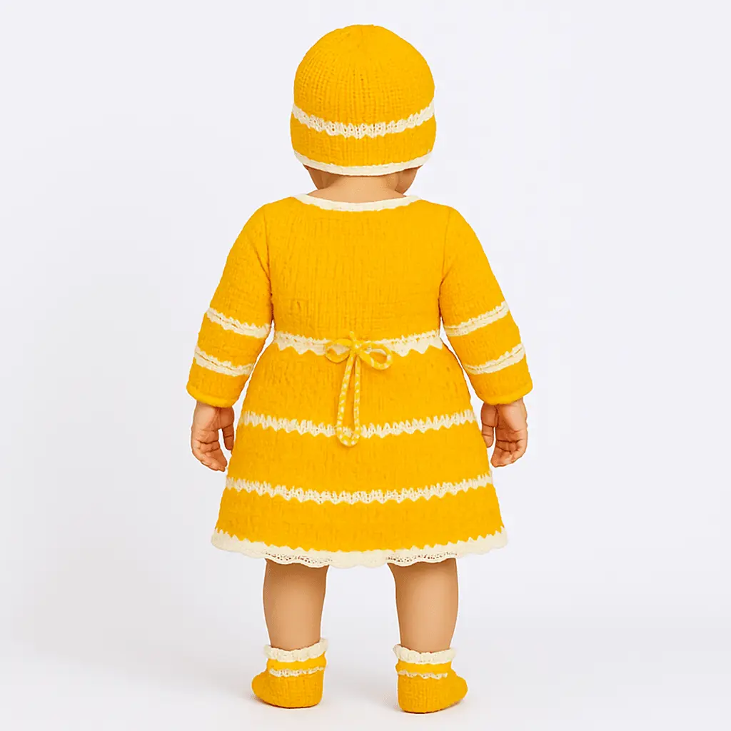 Hand-Knitted Baby Girl Frock Set with Cap & Socks - Yellow & White - The Comfort Closet