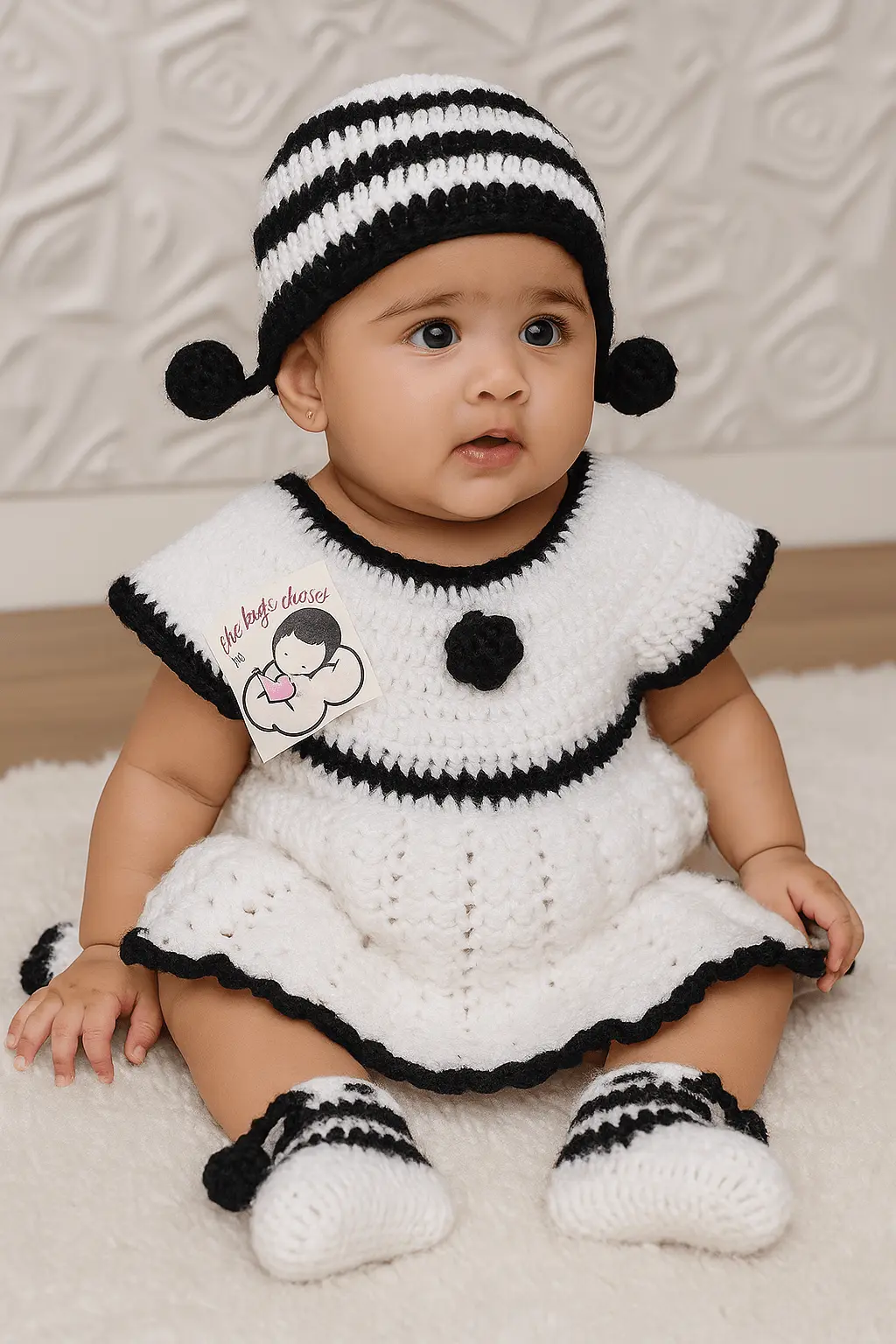 Handmade Woollen Casual Baby Frock - White & Black - The Comfort Closet