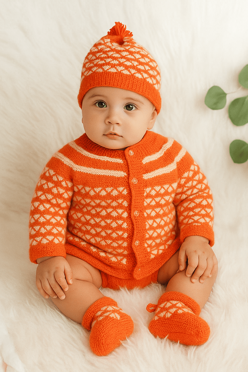 Katori Design Hand-Knitted Baby Sweater Set with Cap & Socks - Orange and Cream - The Comfort Closet