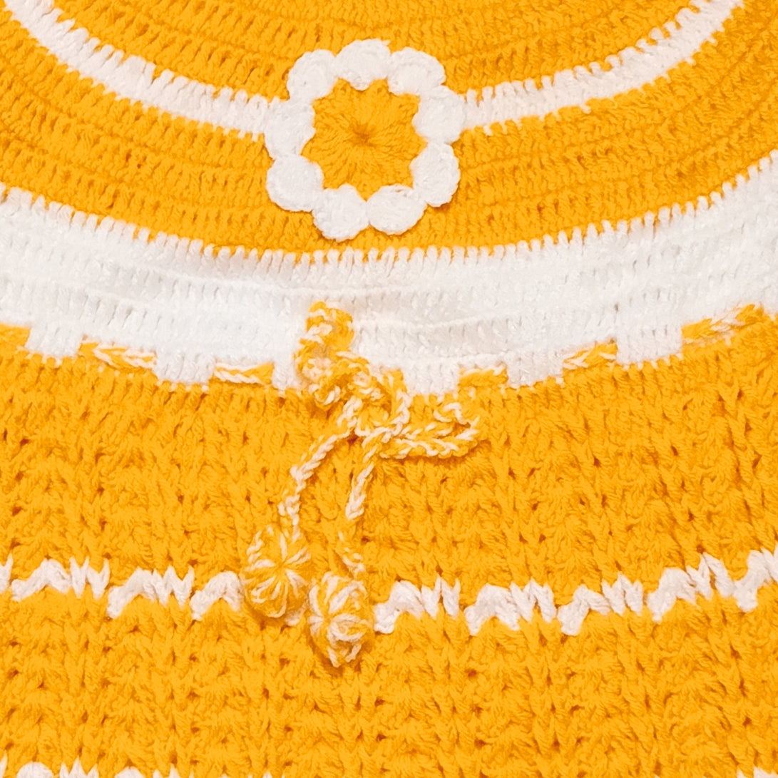 Baby Hand knitted Self Design Frock with Cap and Booties - Yellow and White