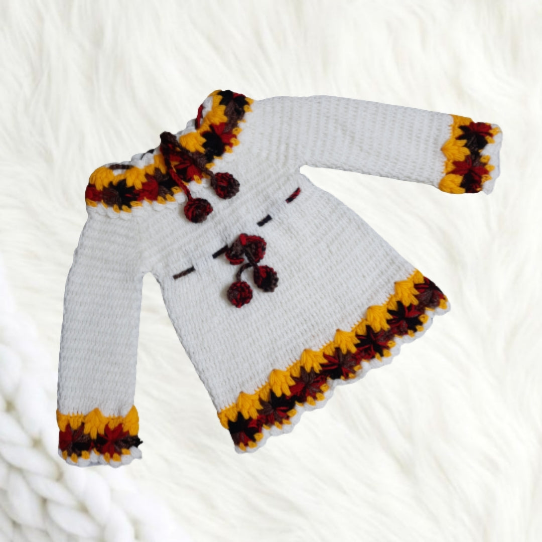 Hand Knitted Flower Pattern Design Pullover Dress - Cream