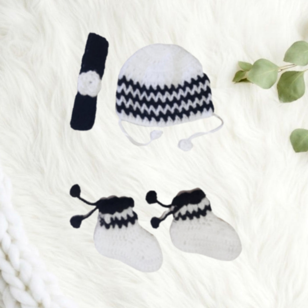 Woollen Party Frock for Baby Girl with Headband , Cap and Socks - White and Black