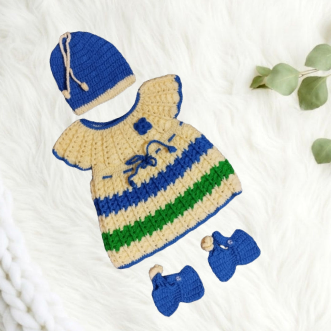 Multicolour Self Design Crochet Frock with Cap and Booties - Multi