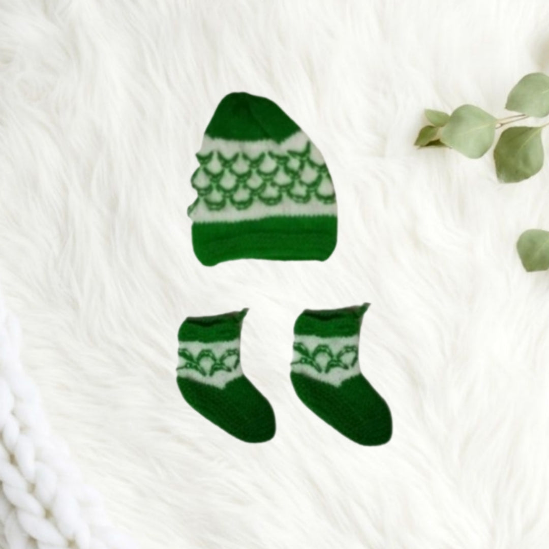 Knitted Self Design Sweater Set with Cap and Booties - Green and White