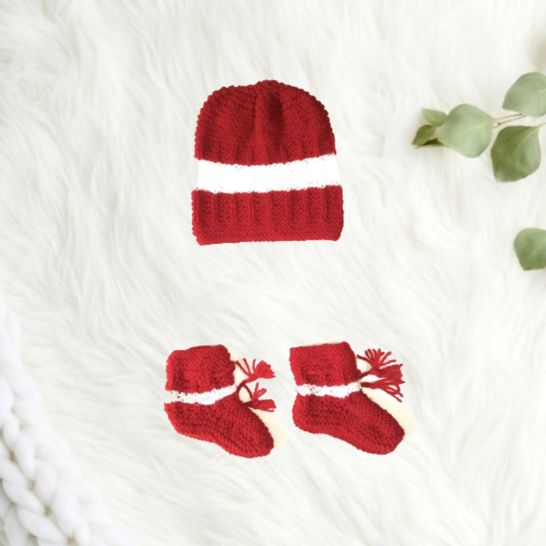 Unique Self Design Striped Sweater Set with Cap and Booties - Red and White
