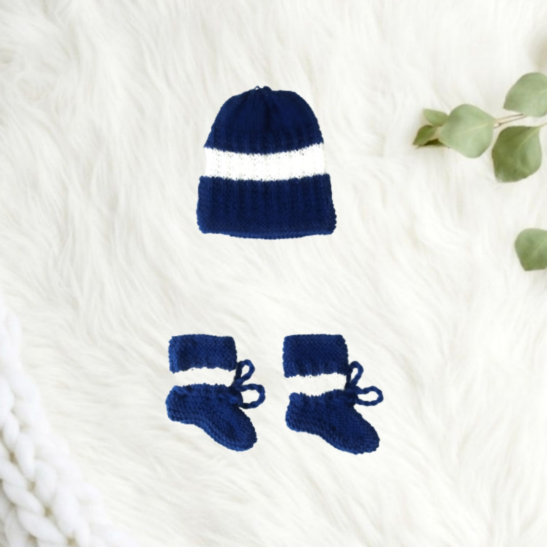 Hand Knitted Striped Sweater Set with Cap and Booties - Blue and White