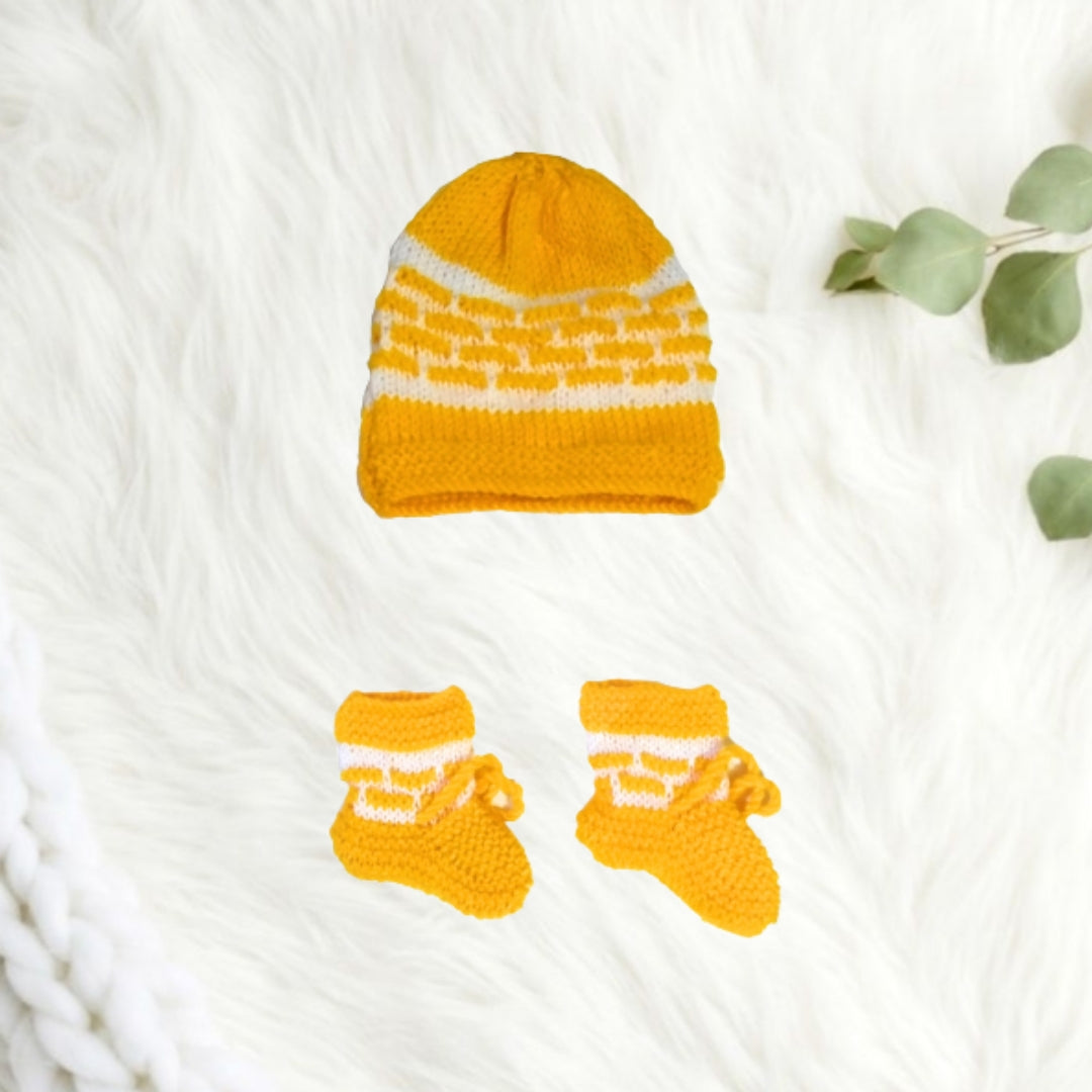 Hand knitted Box Design Sweater Set with Cap and Booties - Yellow and White