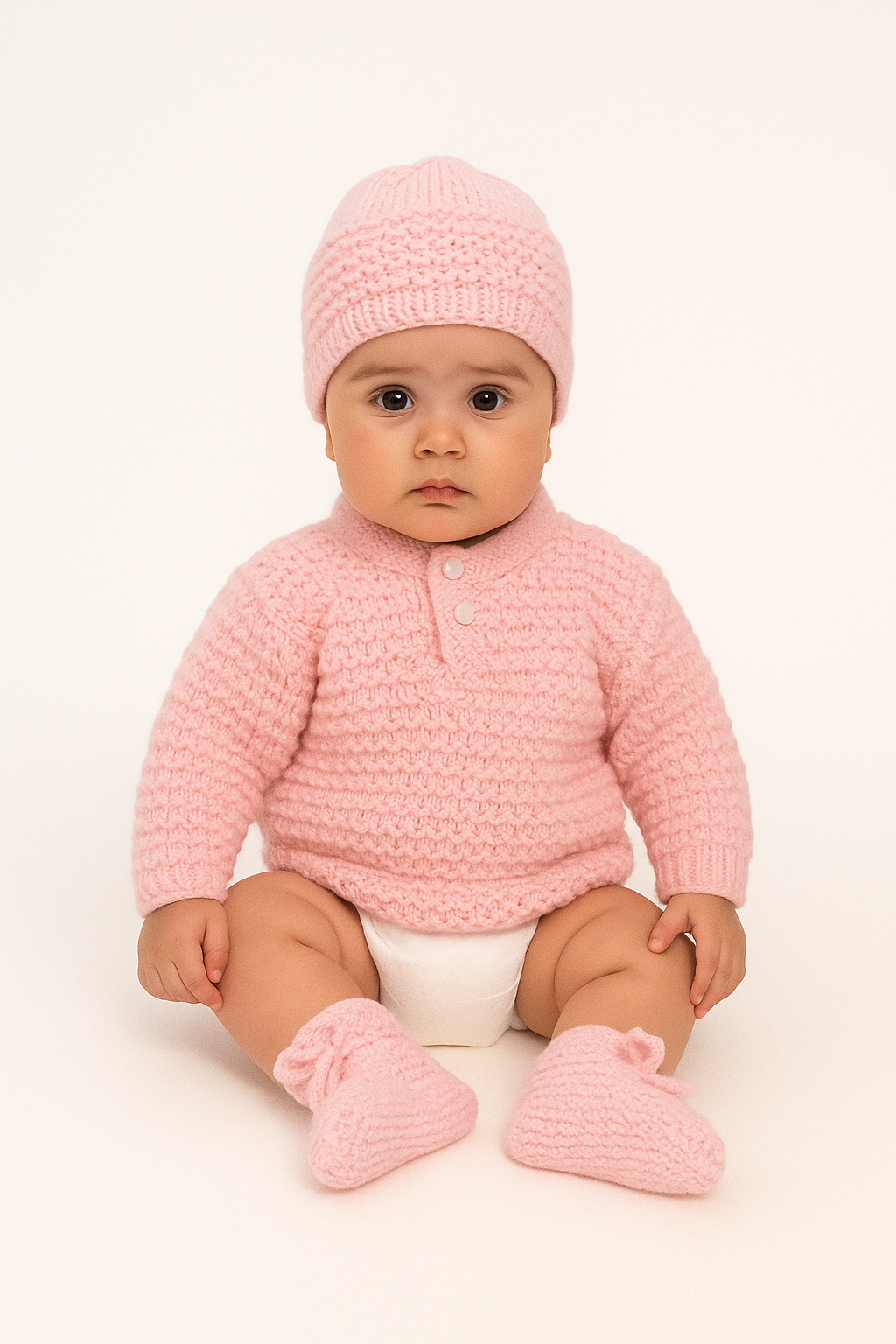 Hand knitted Self Design Sweater Set with Cap and Booties - Pink