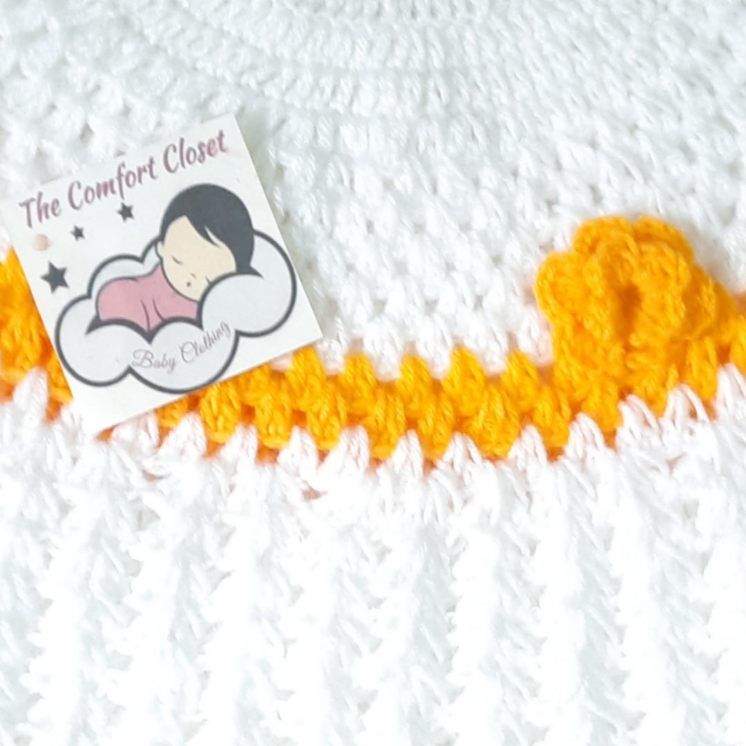 Girl's Hand Crochet Frock with Headband - White and Yellow