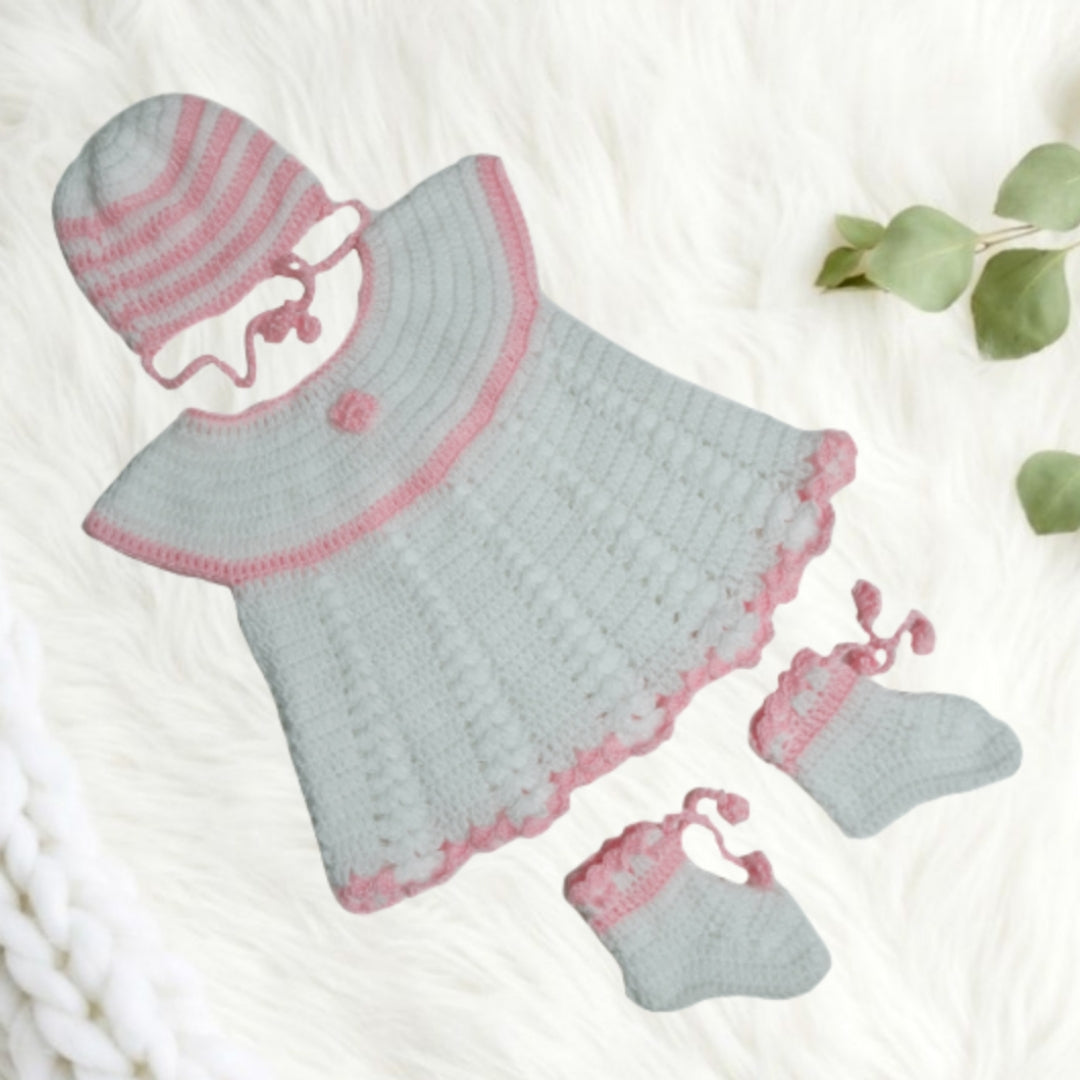 Baby Girl's Crochet Frock with Cap and Booties - Cream