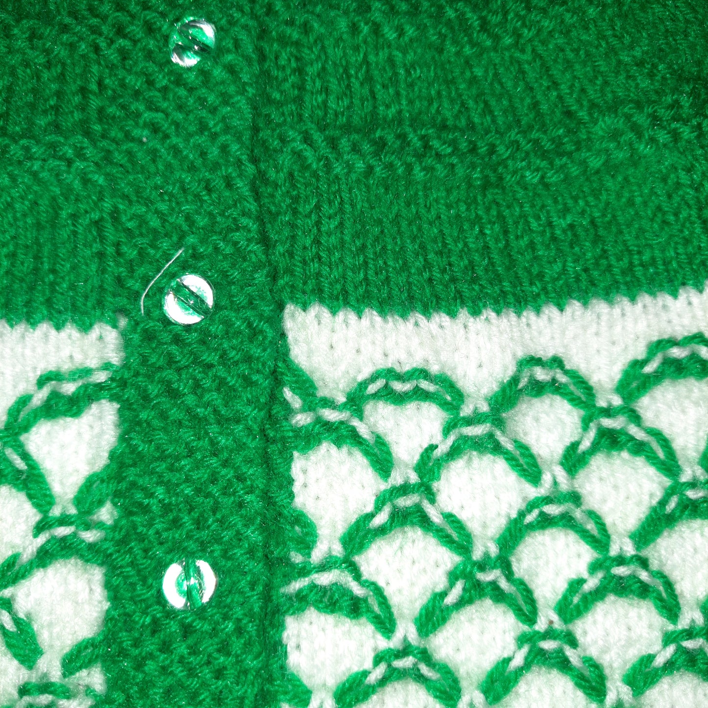 Knitted Self Design Sweater Set with Cap and Booties - Green and White