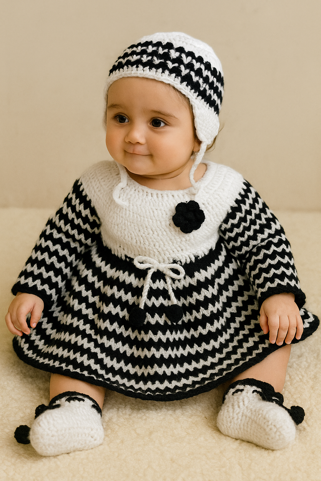 Handmade Woollen Party Frock for Baby Girl with Cap & Socks – White and Black
