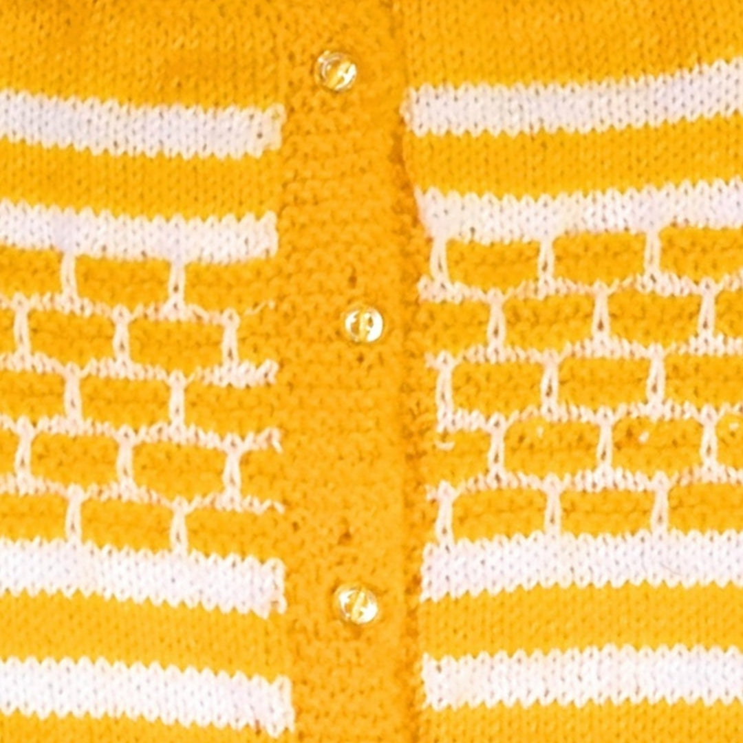 Hand knitted Box Design Sweater Set with Cap and Booties - Yellow and White