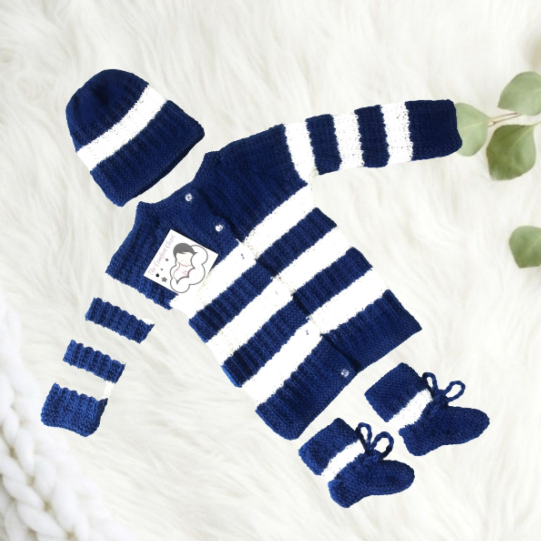 Hand Knitted Striped Sweater Set with Cap and Booties - Blue and White