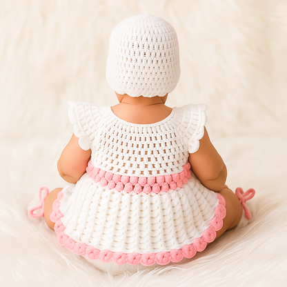Baby Girl Handmade Woollen Frock with Cap and Booties. (Pink and White)