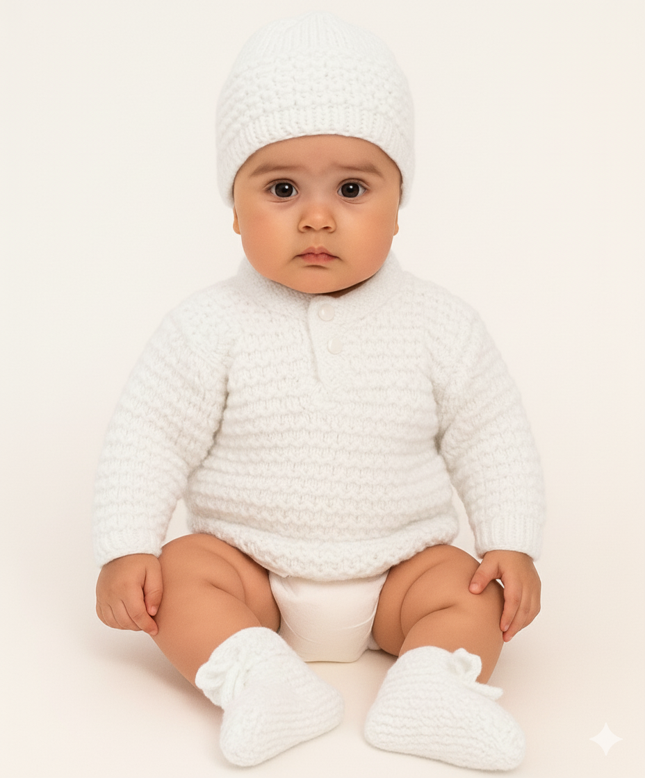 Baby Hand Made Self Design White Woolen Sweater