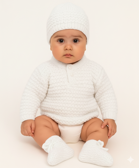Baby Hand Made Self Design White Woolen Sweater