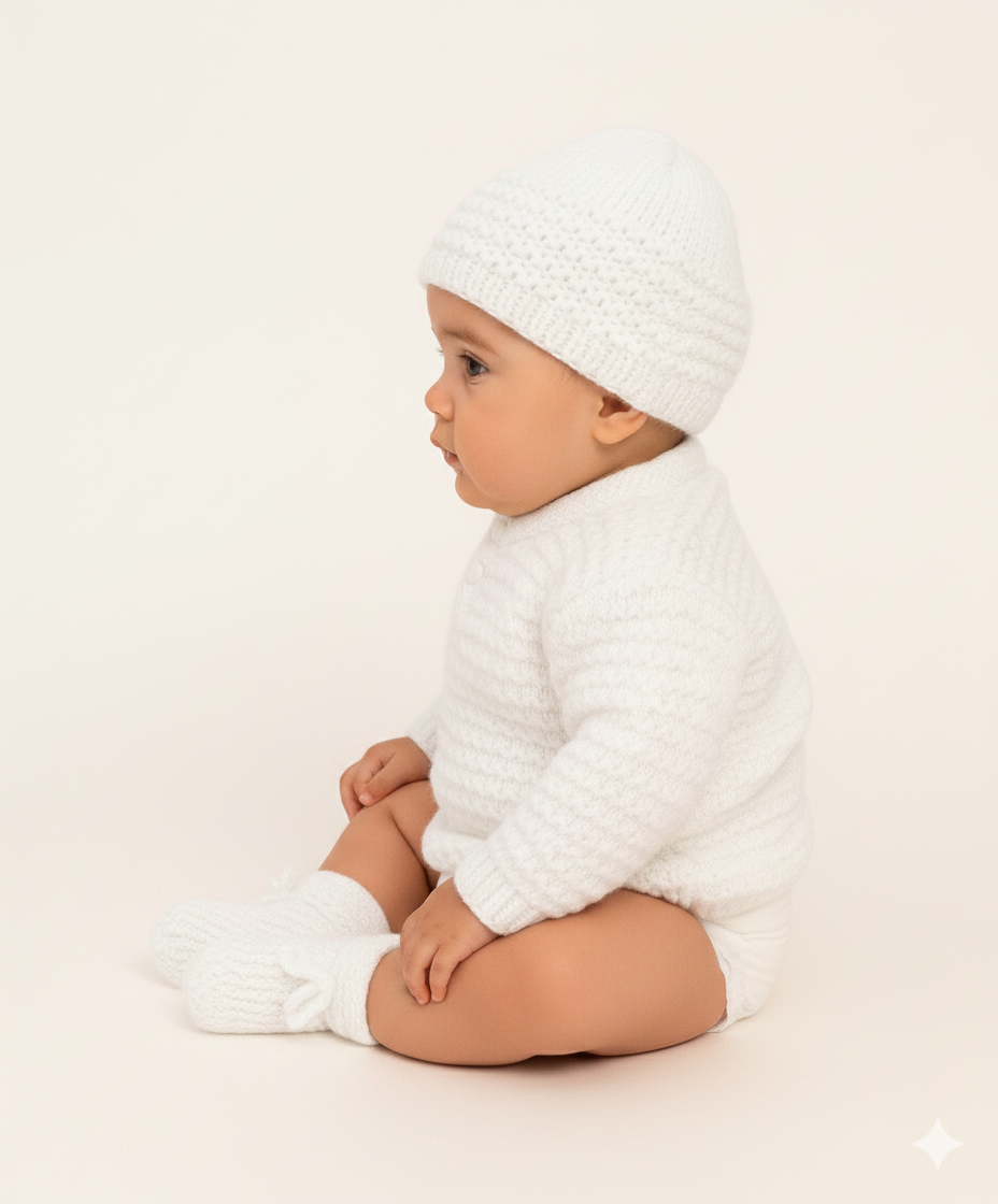 Baby Hand Made Self Design White Woolen Sweater