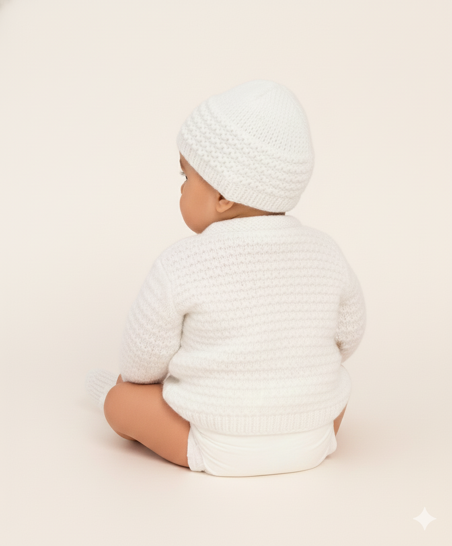 Baby Hand Made Self Design White Woolen Sweater