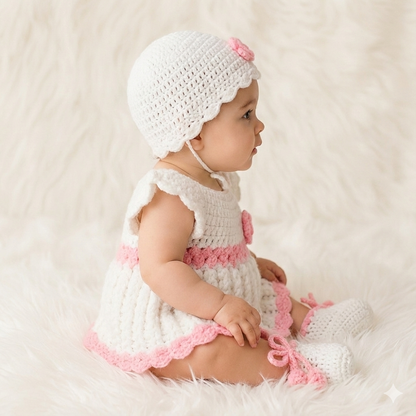 Baby Girl Handmade Woollen Frock with Cap and Booties. (Pink and White)
