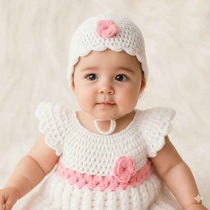 Baby Girl Handmade Woollen Frock with Cap and Booties. (Pink and White)
