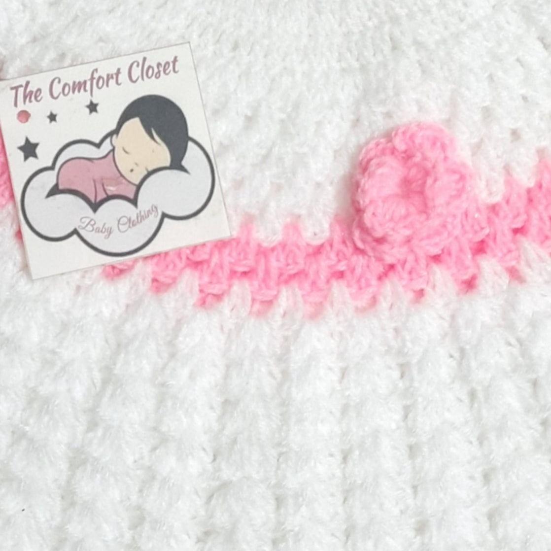 Hand Crochet Frock with Cap and Booties - White and Pink