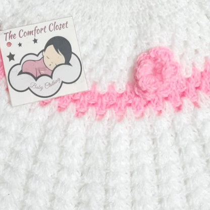 Hand Crochet Frock with Cap and Booties - White and Pink