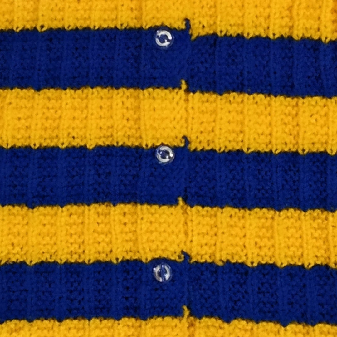 Hand knitted Self Design Striped Sweater Set with Cap and Booties - Blue and Yellow