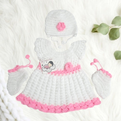 Hand Crochet Frock with Cap and Booties - White and Pink