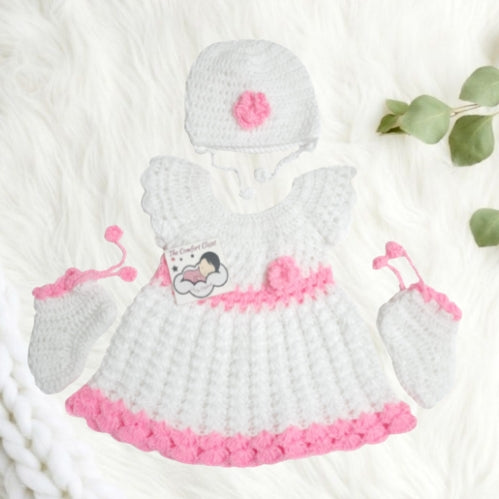 Hand Crochet Frock with Cap and Booties - White and Pink