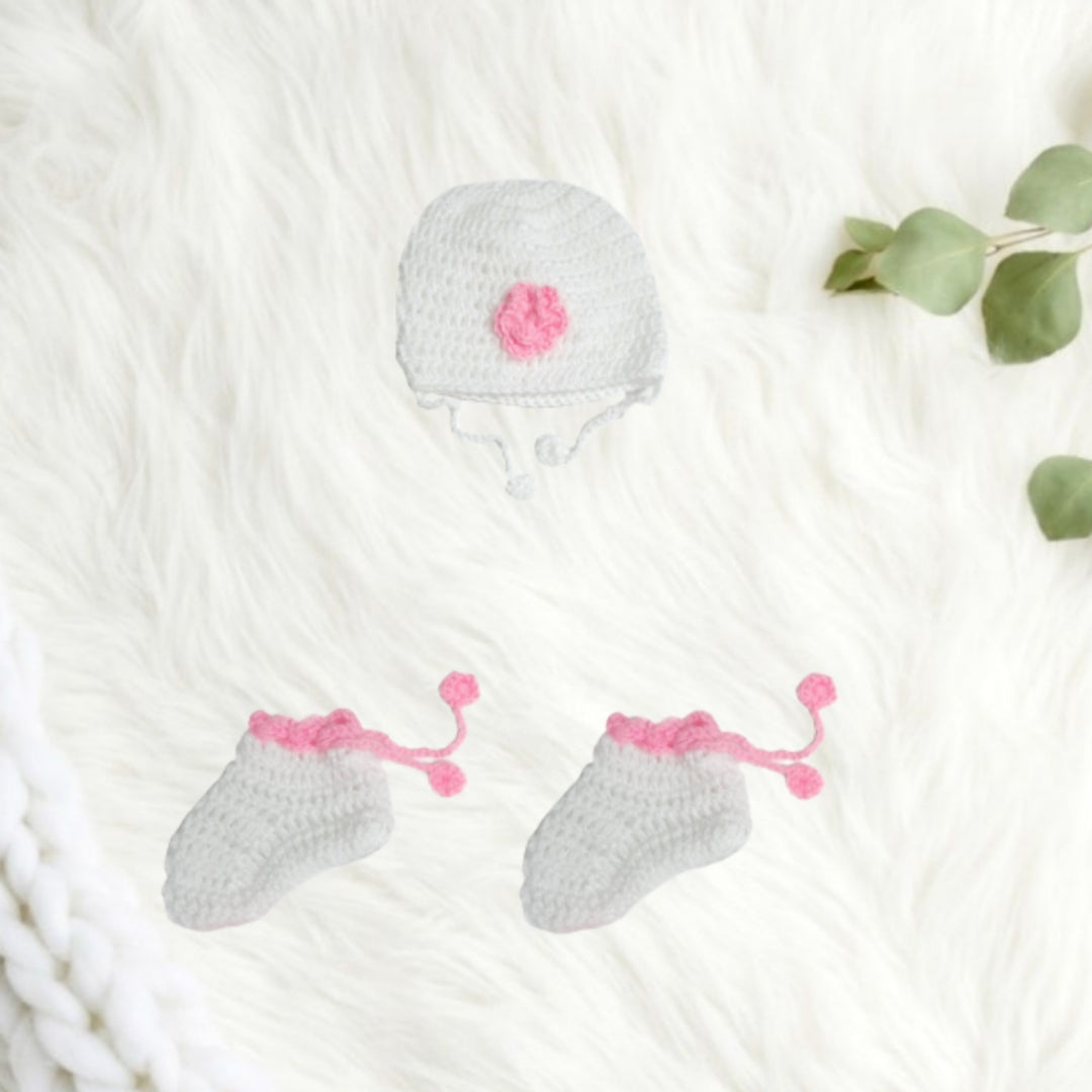 Hand Crochet Frock with Cap and Booties - White and Pink