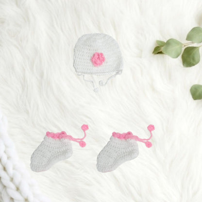 Hand Crochet Frock with Cap and Booties - White and Pink