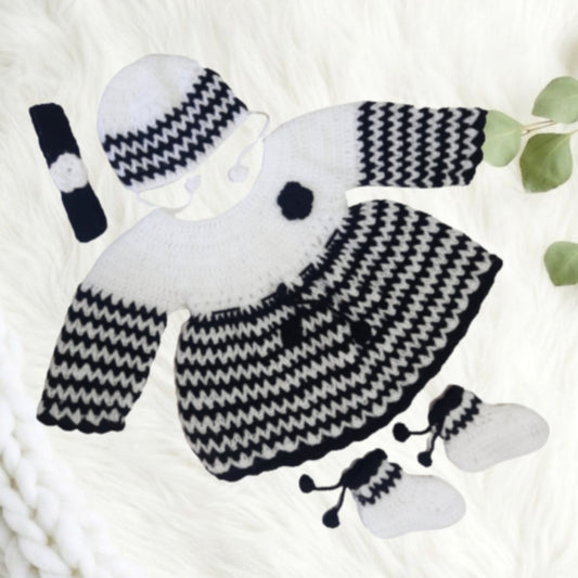 Woollen Party Frock for Baby Girl with Headband , Cap and Socks - White and Black