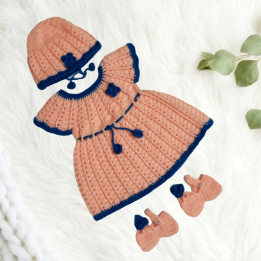Multicolour Crochet Frock with Cap and Booties - Peach and Blue