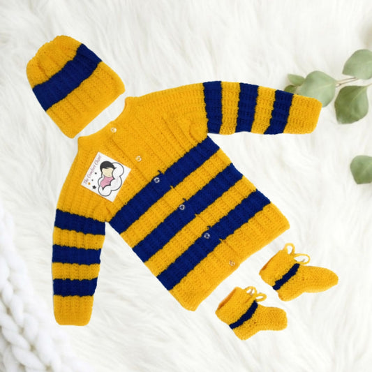 Hand knitted Striped Sweater Set with Cap and Booties - Yellow and Blue