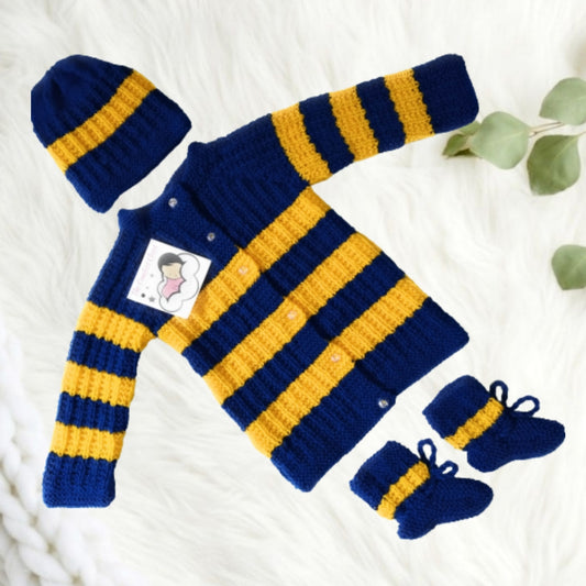 Hand knitted Self Design Striped Sweater Set with Cap and Booties - Blue and Yellow