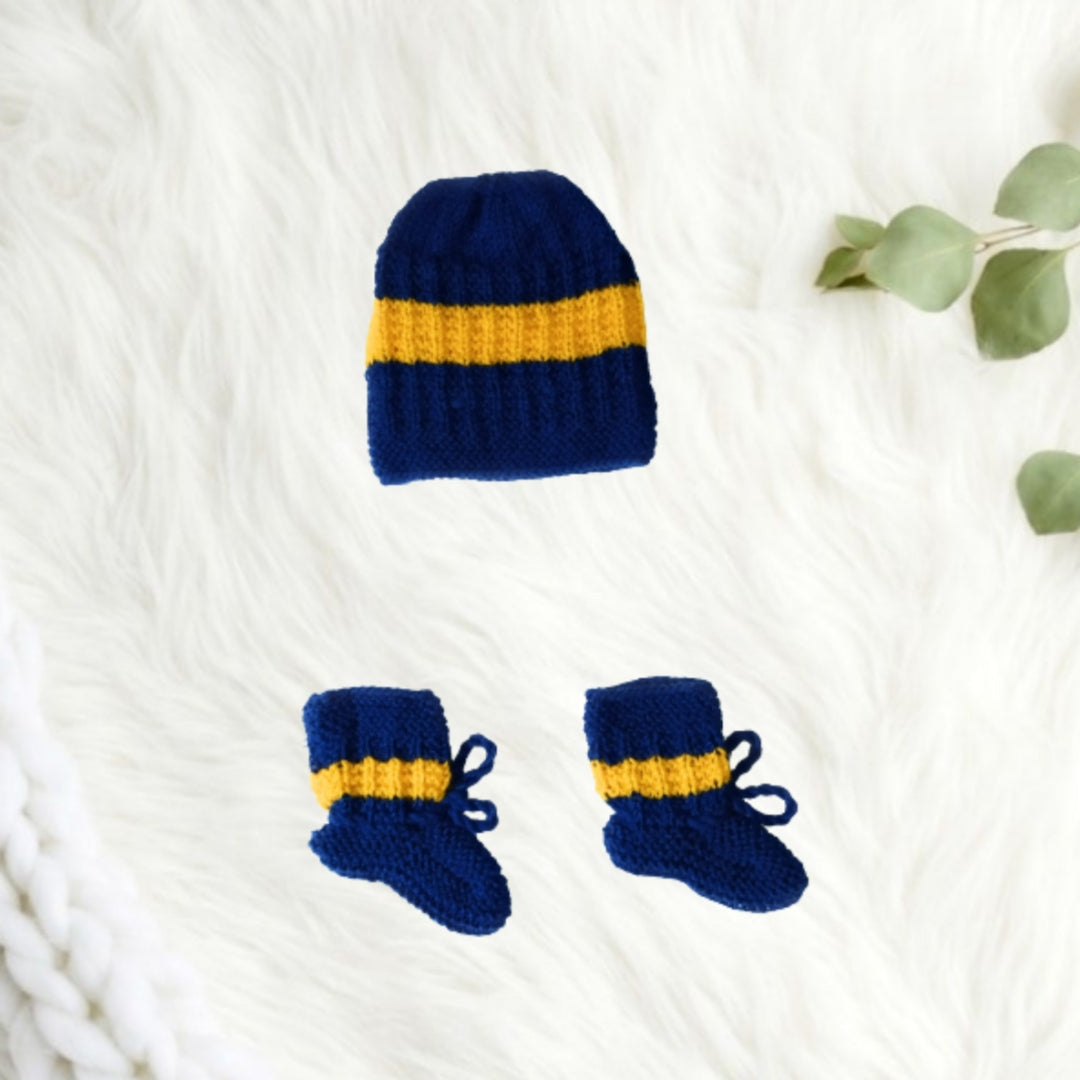 Hand knitted Self Design Striped Sweater Set with Cap and Booties - Blue and Yellow