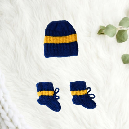 Hand knitted Self Design Striped Sweater Set with Cap and Booties - Blue and Yellow