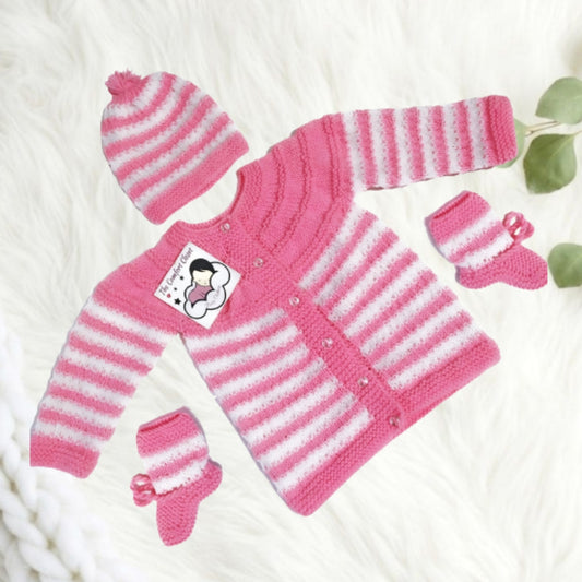 Hand Knitted Sweater Set with Cap and Booties - Baby Pink