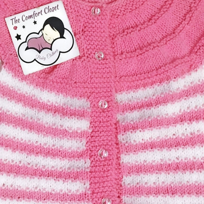 Hand Knitted Sweater Set with Cap and Booties - Baby Pink