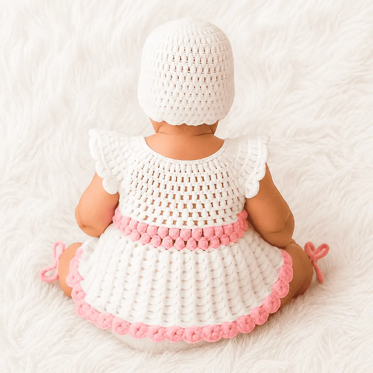 Handmade Crochet Baby Girl Frock Set with Cap & Socks - Pink and White - The Comfort Closet