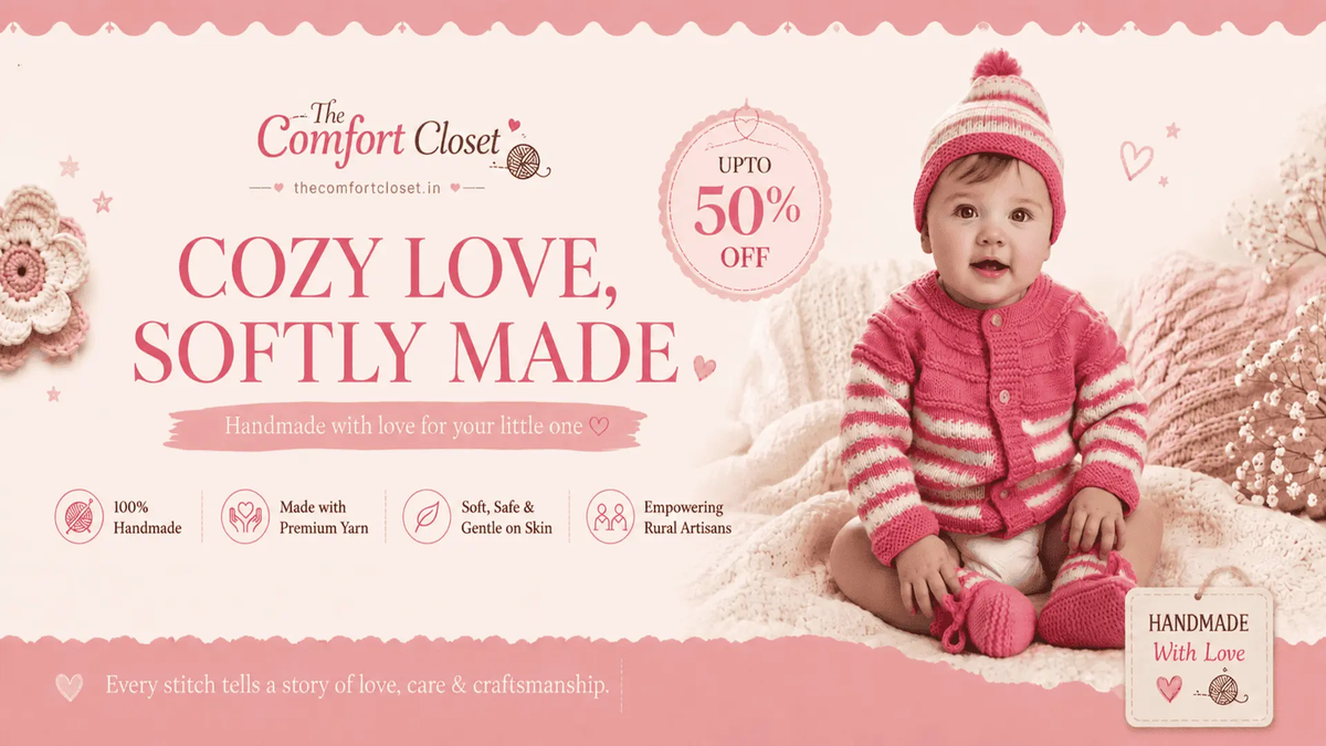 A promotional banner for 'The Comfort Closet' featuring a baby wearing a pink and white striped knit cardigan and matching hat, sitting on a soft cream-colored blanket. The background is decorated with pink hearts, floral elements, and text highlighting the handmade quality and up to 50% off offer.