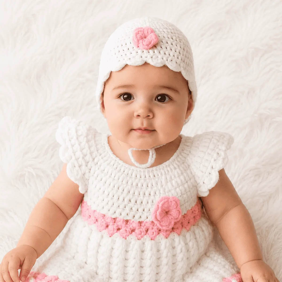 Handmade Crochet Baby Girl Frock Set with Cap & Socks - Pink and White - The Comfort Closet