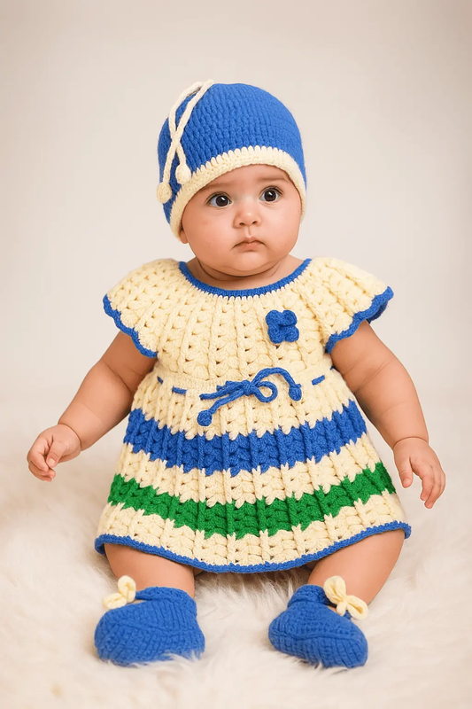 Crochet Baby Frock Set with Cap & Socks - Multicolour - The Comfort Closet