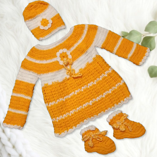 Baby Hand knitted Self Design Frock with Cap and Booties - Yellow and White